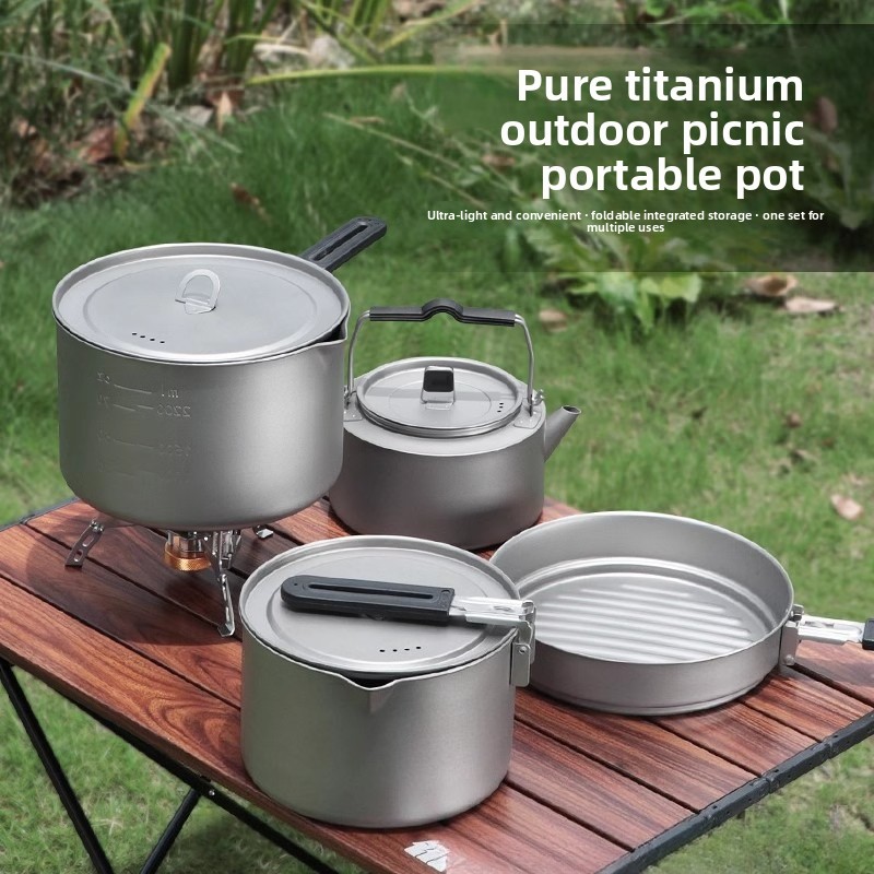 Camping Cooking Set Lightweight - Set di pentole in titanio puro,
